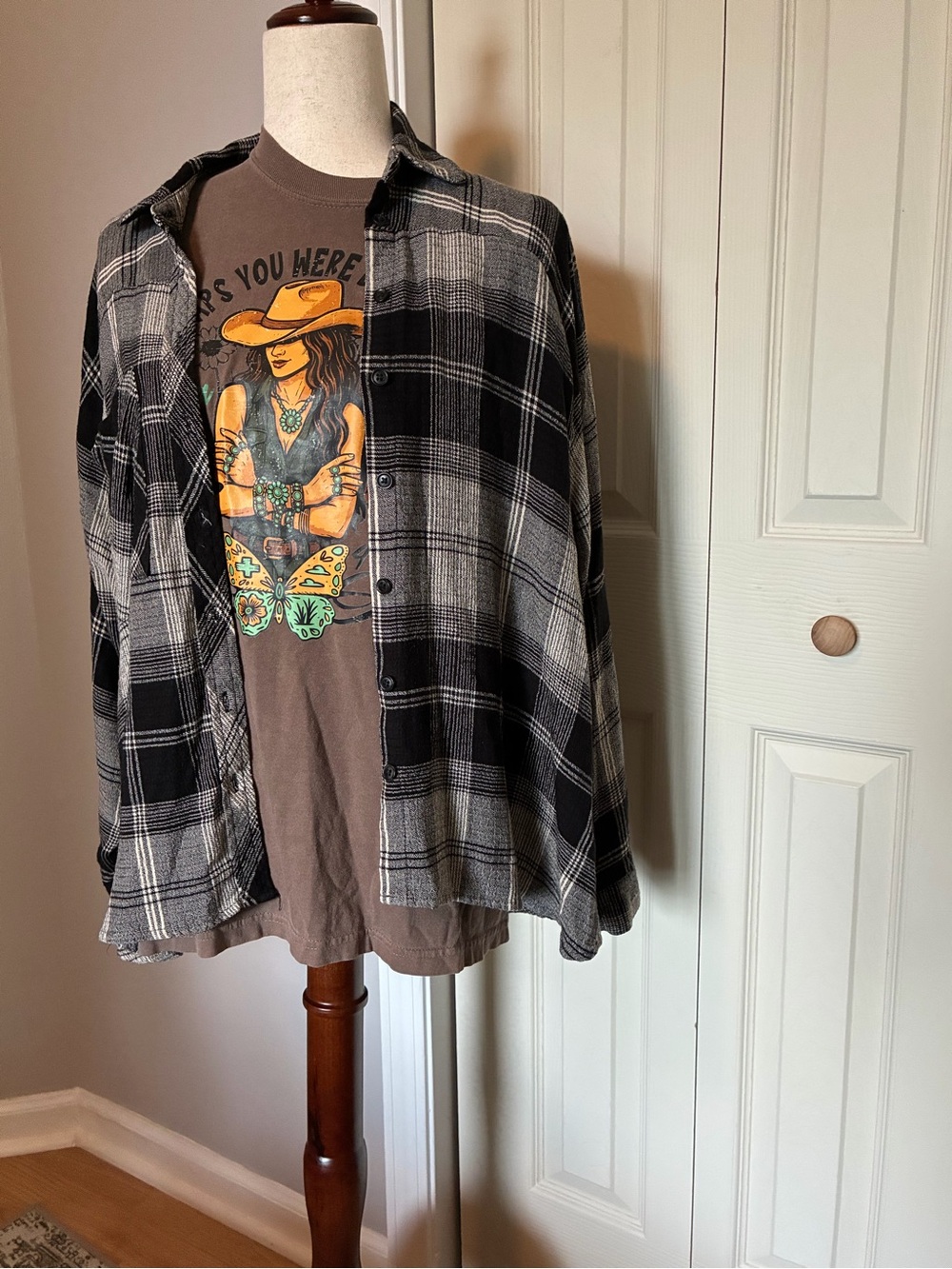 Comfort Colors Brown Graphic Short Sleeve Tee with Black & Gray Plaid Overlay